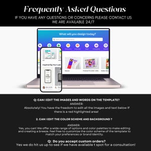 May include: A frequently asked questions page with a laptop and phone mockup showing a website design tool. The text on the page asks if you can edit the images and words on the template, the color scheme and background, and if custom orders are accepted.