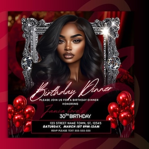 May include: A birthday dinner invitation featuring a portrait of a woman with long black hair, framed by a silver ornate frame with jewels. The invitation includes the text "Birthday Dinner" and details for a 30th birthday celebration.