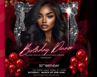 May include: A birthday dinner invitation featuring a portrait of a woman with long black hair, framed by a silver ornate frame with jewels. The invitation includes the text "Birthday Dinner" and details for a 30th birthday celebration.