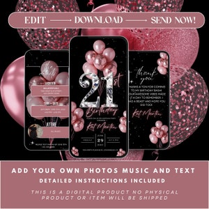 May include: A digital invitation for a 21st birthday party with a black background and pink balloons. The invitation includes the text "21st Birthday" and "Kat Martin".