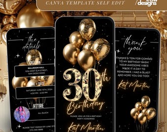 30th Birthday Party Invitation, Gold Balloon Invite, Digital Glam Dinner Template, Diamond Video Brunch Itinerary Editable