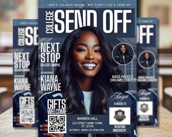 Editable College Send Off Evite, Farewell Party Invite, DIY Trunk Party Flyer, Navy Magazine Cover, Goodbye Graduation Celebration