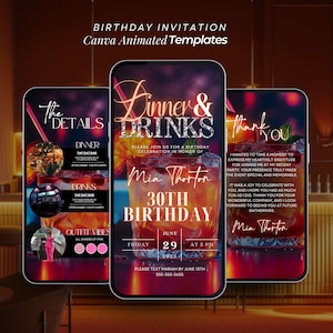 Birthday Dinner invitation, Birthday Digital Dinner and Drinks template, Dinner video invitation, Editable  Dinner party invite Itinerary