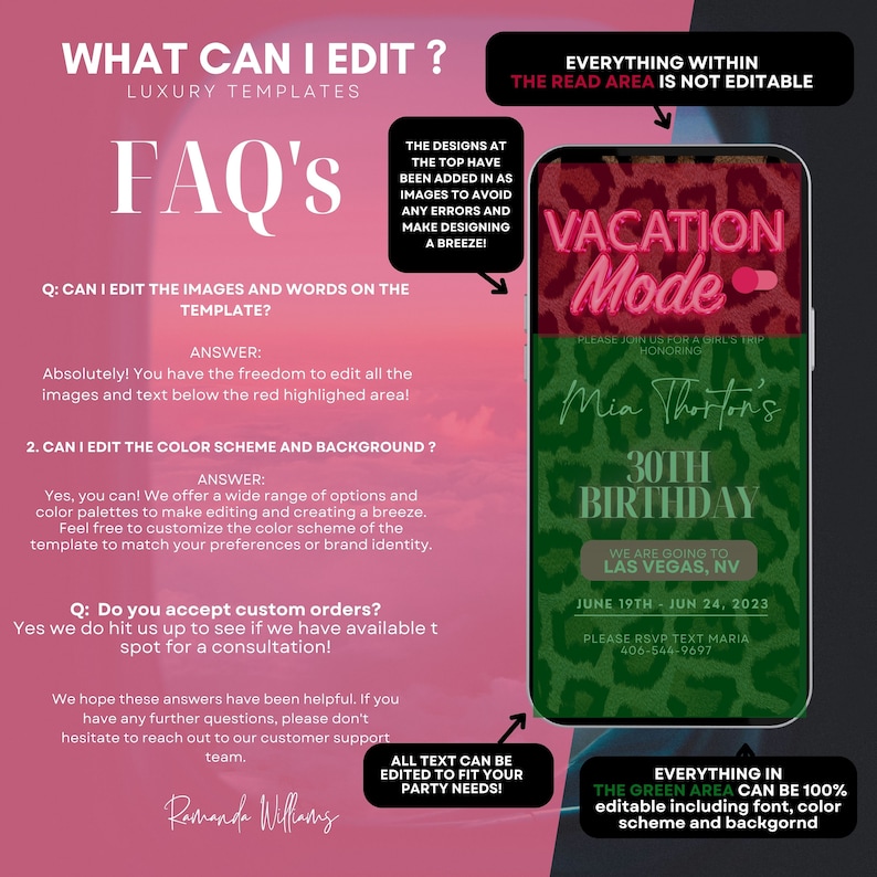 K&ouml;nnte beinhalten: Eine digitale Einladungsvorlage mit dem Text "Vacation Mode" und "30th Birthday" auf einem Smartphone-Bildschirm. Der FAQ-Bereich beantwortet Fragen zur Bearbeitung von Bildern, Texten und Farbschemata. Der Text lautet "Everything in the green area can be 100% editable."