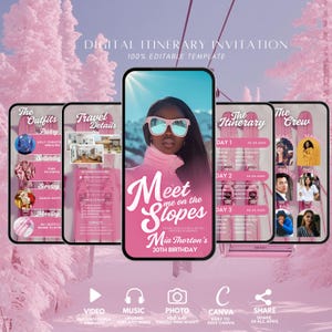 Peut inclure: Une invitation numérique pour une fête d'anniversaire de 30 ans sur le thème de l'hiver. L'invitation présente une femme portant des lunettes de soleil et une veste rose, avec le texte "Meet me on the Slopes Mia Thorton's 30th Birthday". L'invitation comprend également un programme d'événements, une liste de tenues à emporter et une liste de détails de voyage.