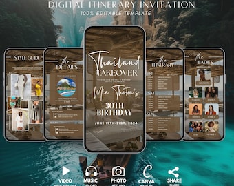 Invitation itinéraire numérique Thaïlande, anniversaire de filles voyage escapade, Phuket Planner, Bangkok voyage vacances, modèle de planification de week-end