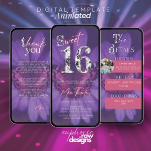 Invitación digital para dulce cumpleaños número 16, invitación electrónica para fiesta de cumpleaños número 16 con texto floral de diamantes de Evite, itinerario de cumpleaños, tarjeta de agradecimiento