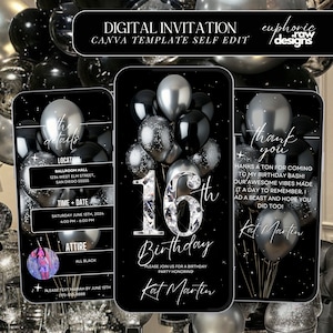 May include: Digital invitation template for a 16th birthday party. The design features black and silver balloons, with the text "16th Birthday" and event details. The invitation is a Canva template for self-editing.