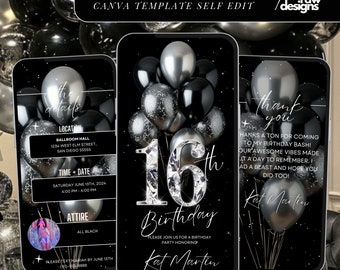 16th Birthday Party Invitation, Black Silver Digital 16th Glam Dinner Invite Template, Sweet Sixteen Diamond Video Editable Brunch Itinerary
