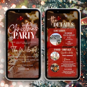 Pode incluir: Dois smartphones exibindo um convite para uma festa de Natal. A tela esquerda diz "Christmas Party" e detalhes hospedados por The Wilsons. A tela direita mostra os detalhes da festa, incluindo local, data, hora e menu.