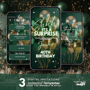 Invitación a fiesta de cumpleaños sorpresa "Shhh, es una sorpresa", invitación moderna editable digitalmente, descarga instantánea, itinerario para brunch y cena sorpresa