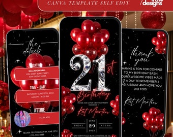 21st Birthday Party Invitation, Red Party Digital 21st Glam Dinner Invite Template, Diamond Video Editable Brunch Itinerary