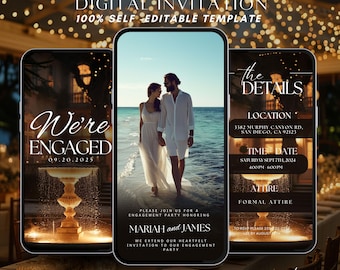 Invitación digital para fiesta de compromiso, elegante plantilla editable para invitación de boda, invitación de compromiso personalizable