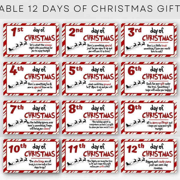 12 Days of Christmas Gift Tags, 12 Days of Christmas, Printable Christmas Cards, Holiday Tags for Gifts, Christmas Presents, Christmas Games