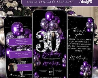 Invitación para fiesta de 30 cumpleaños, globos morados y plateados, plantilla digital de invitación para cena glamurosa de 30 cumpleaños, itinerario de brunch editable con vídeo de diamantes.