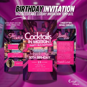Digital Party Bus Birthday Invitation, Animated Limo Party Evite, Self-Editable Neon Ladies Night Invite, DIY Girls Night Out Bus Template
