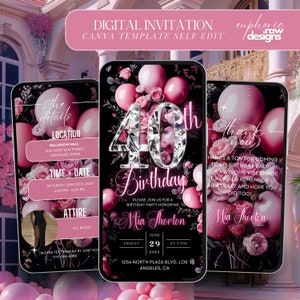 Bloemen 40e verjaardagsuitnodiging, roze ballonnen diamanten, bewerkbare digitale sjabloon 40e glamourdiner brunch route, video verjaardagsuitnodiging