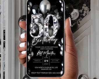 50th Birthday Party Invitation, Black Silver Digital 50th Glam Dinner Invite Template, Diamond Video Editable Brunch Itinerary