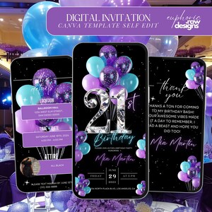 21st Birthday Party Invitation, Purple Blue Balloons Digital 21st Glam Dinner Invite Template, Diamond Video Editable Brunch Itinerary
