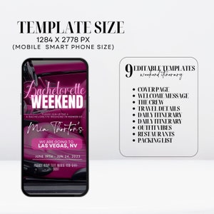 K&ouml;nnte beinhalten: Eine digitale Vorlage f&uuml;r einen Junggesellinnenabschieds-Wochenendplan, angezeigt auf einem Smartphone. Das Design zeigt einen rosa Auto-Innenraum-Hintergrund mit dem Text "Bachelorette Weekend" und Veranstaltungsdetails. Enth&auml;lt 9 bearbeitbare Vorlagen.