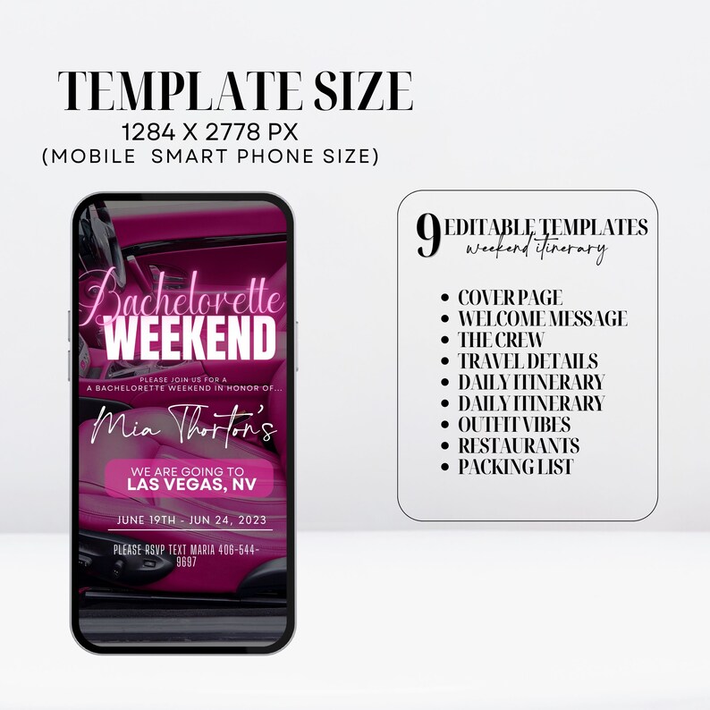 K&ouml;nnte beinhalten: Eine digitale Vorlage f&uuml;r einen Junggesellinnenabschieds-Wochenendplan, angezeigt auf einem Smartphone. Das Design zeigt einen rosa Auto-Innenraum-Hintergrund mit dem Text "Bachelorette Weekend" und Veranstaltungsdetails. Enth&auml;lt 9 bearbeitbare Vorlagen.