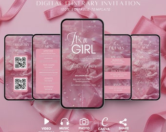 May include: A pink and white digital invitation for a baby shower. The invitation includes the details of the event, including the date, time, location, and RSVP information. The invitation also includes a QR code for the registry and a menu for the event.