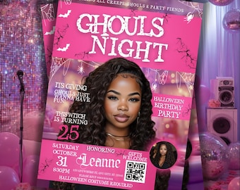 Ghouls Night Halloween Birthday Invitation, Spooky Witch Party, Costume Bash Invite, Editable Canva Template