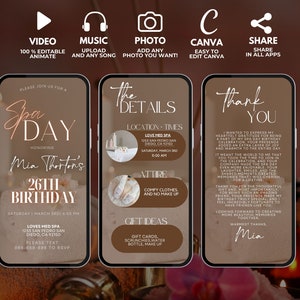 Puede incluir: Una invitaci&oacute;n a un d&iacute;a de spa con fondo marr&oacute;n y texto rosa. La invitaci&oacute;n es para el 26 cumplea&ntilde;os de Mia Thorton. La invitaci&oacute;n incluye la fecha, la hora, la ubicaci&oacute;n y el atuendo. Tambi&eacute;n incluye ideas para regalos.