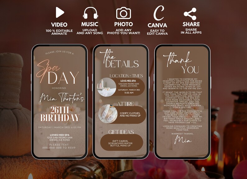 Puede incluir: Una invitaci&oacute;n a un d&iacute;a de spa con fondo marr&oacute;n y texto rosa. La invitaci&oacute;n es para el 26 cumplea&ntilde;os de Mia Thorton. La invitaci&oacute;n incluye la fecha, la hora, la ubicaci&oacute;n y el atuendo. Tambi&eacute;n incluye ideas para regalos.