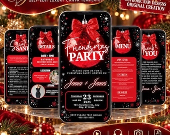 Personalized Friendsmas Party Invitation, Holiday Red Christmas Dinner Invite Digital Ornament, Editable Custom Animated Video Template