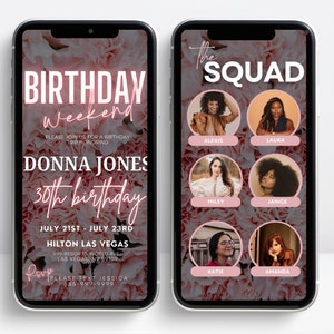 May include: A pink and white birthday invitation for a weekend trip to Las Vegas. The invitation features a floral background and the text "Birthday Weekend" and "Donna Jones 30th Birthday". The invitation also includes the dates "July 21st - July 23rd" and the location "Hilton Las Vegas".