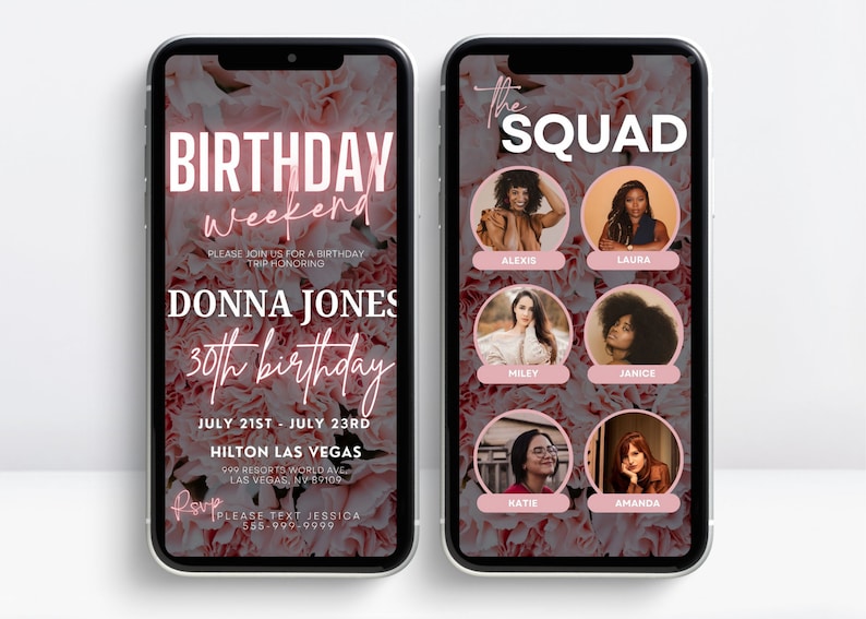 May include: A pink and white birthday invitation for a weekend trip to Las Vegas. The invitation features a floral background and the text "Birthday Weekend" and "Donna Jones 30th Birthday". The invitation also includes the dates "July 21st - July 23rd" and the location "Hilton Las Vegas".