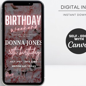 May include: A digital invitation for a 30th birthday weekend trip to Las Vegas. The invitation features a pink floral background with the text "Birthday Weekend" and "Donna Jones 30th Birthday". The invitation also includes the dates "July 21st - July 23rd" and the location "Hilton Las Vegas".