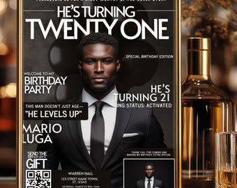 21st Birthday Magazine Invitation for Him, Modern Men Birthday Party Flyer, Editable Canva Template, Digital Dinner Invite, Photo DIY