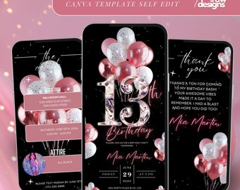 Rosa inbjudan till 13-årsfest, digital inbjudningsmall till 13-årsmiddag med rosa vita ballonger, redigerbar brunchplan med diamantvideo