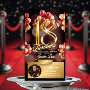 18th Birthday Video Invitation, Red and Gold Balloon Digital Evite, Editable Birthday Dinner Party Template, Classy 18th Celebration Invite