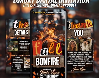 Könnte beinhalten: Eine digitale Einladung mit Lagerfeuer-Thema. Das Design zeigt ein zentrales Bild eines Lagerfeuers mit Marshmallows, die Worte "Fall Bonfire" und Details zur Veranstaltung. Die Einladung enthält den Text "Luxury Digital Invitation" und "This is an Editable Digital Product."