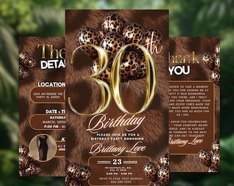 30th Birthday Invitation, Leopard Print Birthday Party Evite, Gold Glam Celebration Invite for Women, Editable Canva Template