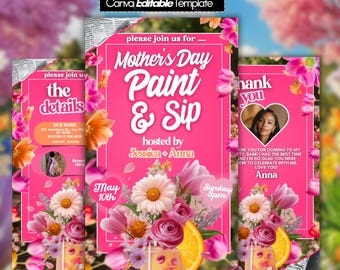 Mother’s Day Paint and Sip Invite, Pink Floral Animated Video, Event Itinerary, Wine Moms and Mimosas, Girly Editable DIY, Digital Download