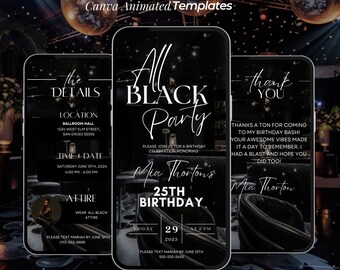 Invitación a fiesta de cumpleaños de negros, cena de cumpleaños, brunch de cumpleaños, plantilla digital de fiesta de negros, invitación editable con atuendo formal