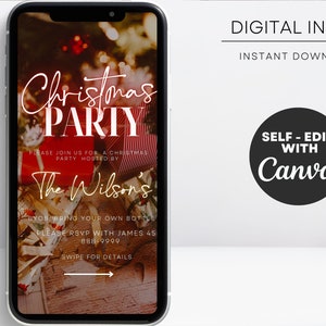 Pode incluir: Um smartphone exibe um convite digital para uma festa de Natal. O convite apresenta o texto "Christmas PARTY" em uma fonte decorativa, com detalhes sobre o evento e o nome do anfitri&atilde;o. O design inclui um fundo festivo com presentes.