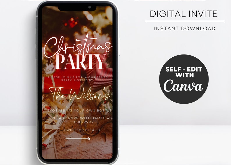 Pode incluir: Um smartphone exibe um convite digital para uma festa de Natal. O convite apresenta o texto "Christmas PARTY" em uma fonte decorativa, com detalhes sobre o evento e o nome do anfitri&atilde;o. O design inclui um fundo festivo com presentes.