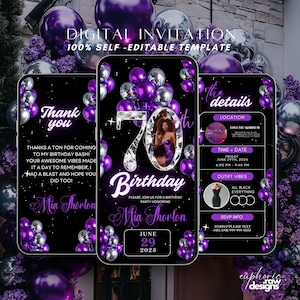 70th Birthday Party Invitation, Purple Disco Ball Balloons, Digital 70th Glam Dinner Invite Template, Diamond Video Editable Itinerary,