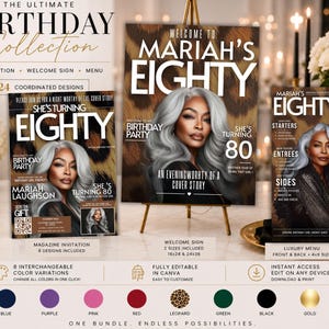 May include: A digital birthday party stationery set featuring a magazine-style invitation, a welcome sign, and a menu. Each item displays a portrait of a person with silver hair against a leopard print background with the text Mariah's Eighty.