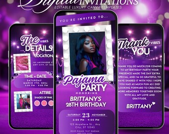 Invitación digital para fiesta de pijamas, invitación animada, invitación para pijamada morada glamurosa, noche de pijamas para chicas adultas, invitación digital editable