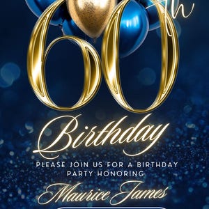 60th Birthday Blue Gold Invitation, 60th Invite Party Animated Elegant Balloons Evite, DIY Editable Party Itinerary Mobile Invite Men Women image 5