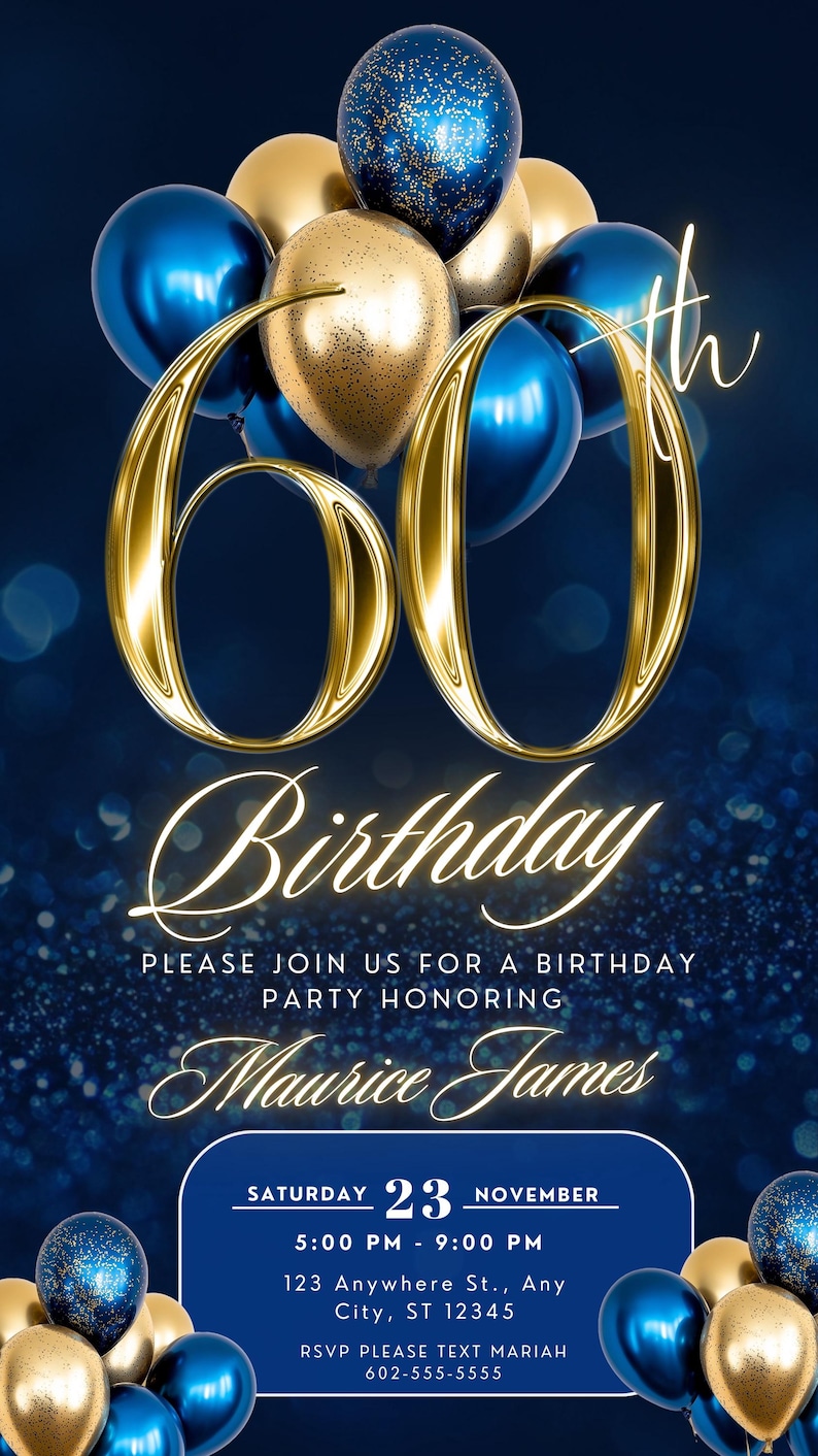60th Birthday Blue Gold Invitation, 60th Invite Party Animated Elegant Balloons Evite, DIY Editable Party Itinerary Mobile Invite Men Women image 5