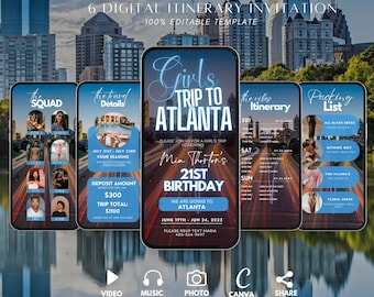 Digital Atlanta Girl's Trip Itinerary Invitation, Animated Travel Itinerary, Georgia Planner Schedule Trip Evite, Editable Planner Template