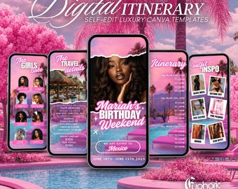 May include: A digital itinerary template set for Canva featuring five smartphone screens displaying pink-themed travel plans, including a birthday weekend schedule, outfit inspiration, and travel details against a tropical pool background.