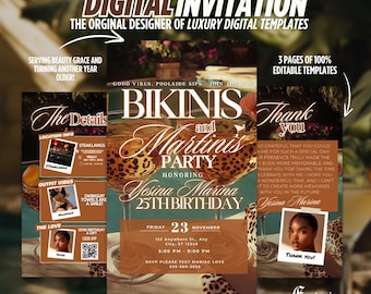 Digital Bikinis & Martinis Invitation, Pool Party, Beach Bash, Bachelorette Girls Night, Birthday,Leopard Print, Summer Event, BBQ Evite